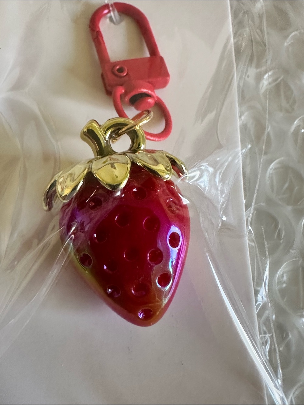 Metallic Strawberry Key & Card Holder Charm - Pink Red with Gold Accent